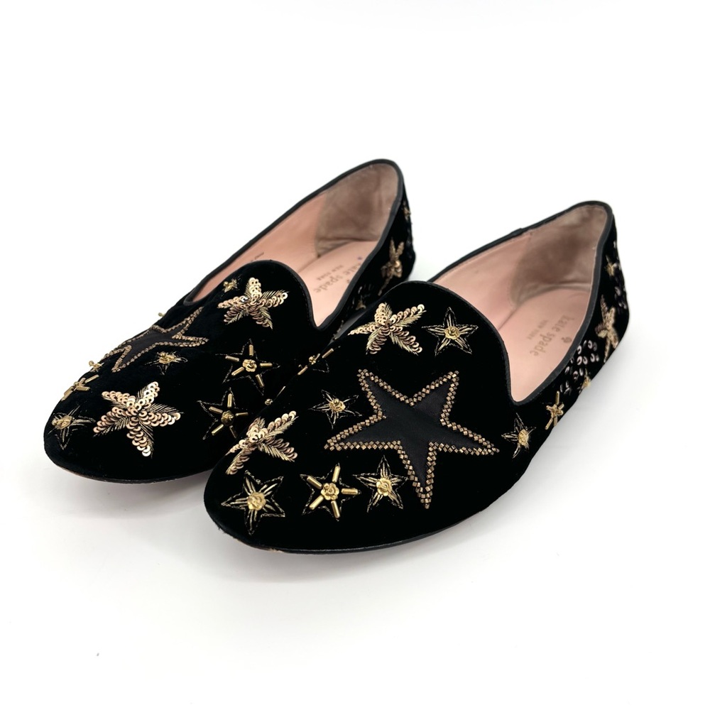 Kate Spade New York Stelli‎ Black Star Velvet Embroidery Sequins Flats Size 9